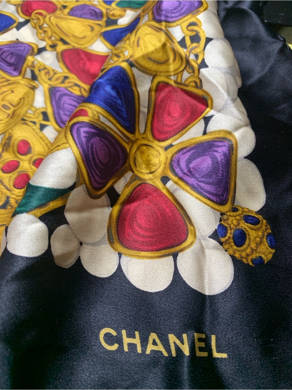 CHANEL Black Silk Scarf with Gold Chain and Gem Motifs - Picture 14 of 16
